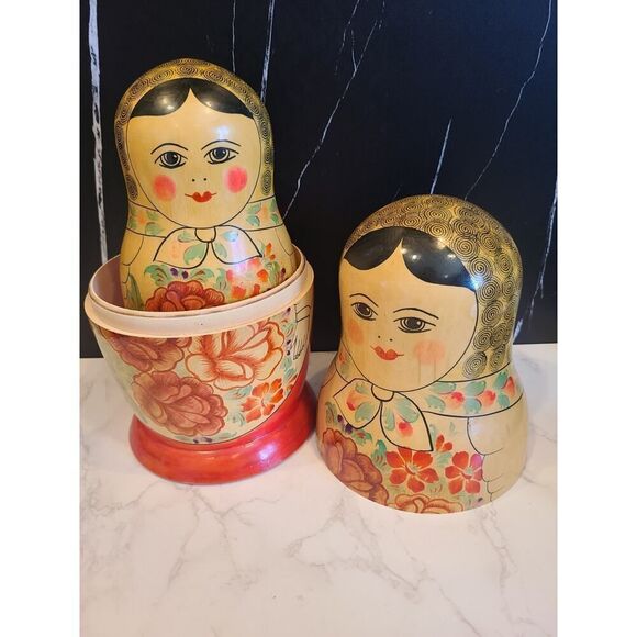 12½" & 9½" Russian Matryoshka Babushka Nesting Wooden Dolls Handmade 70s Two Pcs - Picture 9 of 16